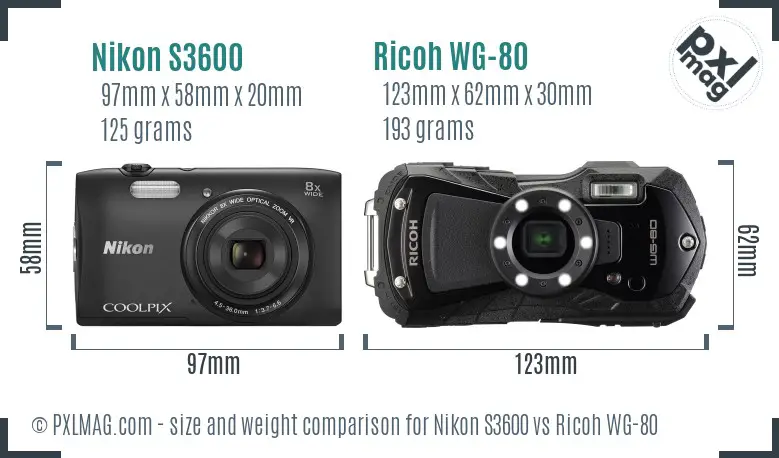 Nikon S3600 vs Ricoh WG-80 size comparison