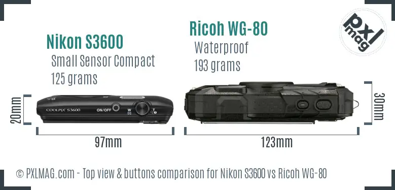 Nikon S3600 vs Ricoh WG-80 top view buttons comparison