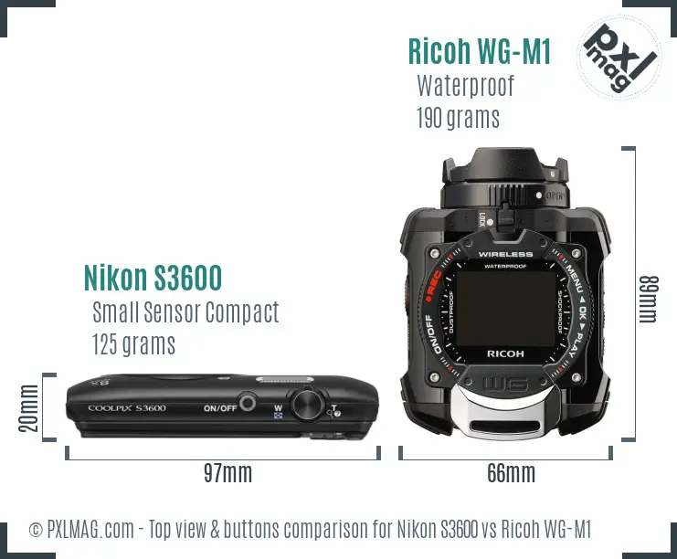 Nikon S3600 vs Ricoh WG-M1 top view buttons comparison Nikon S3600 vs Ricoh WG-M1 top view buttons comparison