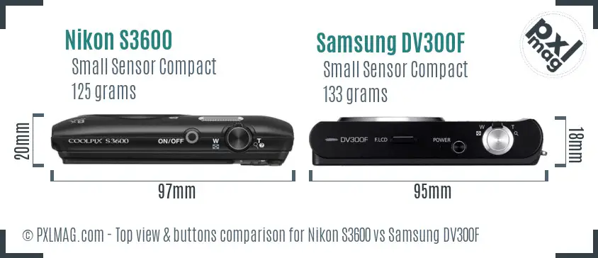 Nikon S3600 vs Samsung DV300F top view buttons comparison