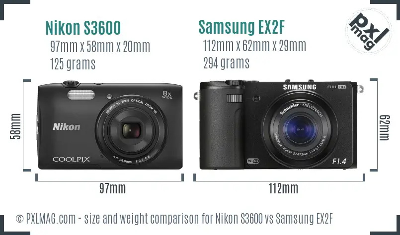 Nikon S3600 vs Samsung EX2F size comparison