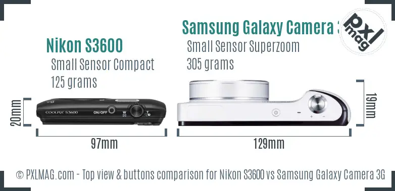 Nikon S3600 vs Samsung Galaxy Camera 3G top view buttons comparison