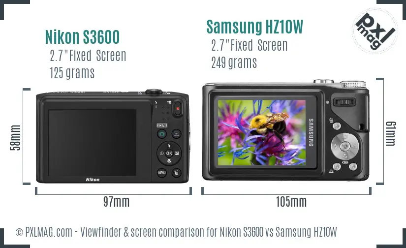 Nikon S3600 vs Samsung HZ10W Screen and Viewfinder comparison