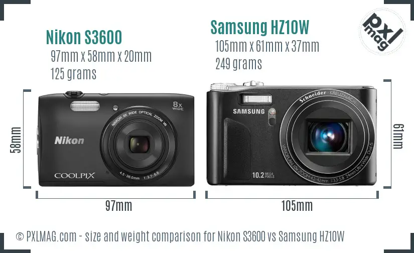 Nikon S3600 vs Samsung HZ10W size comparison