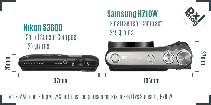 Nikon S3600 vs Samsung HZ10W top view buttons comparison