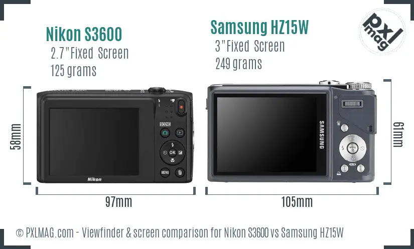 Nikon S3600 vs Samsung HZ15W Screen and Viewfinder comparison