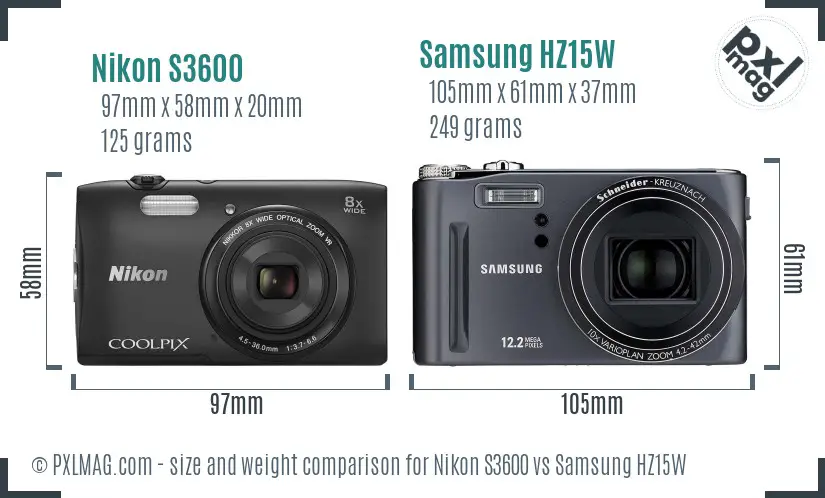 Nikon S3600 vs Samsung HZ15W size comparison