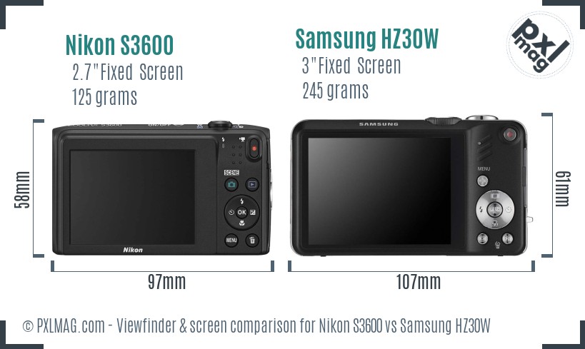 Nikon S3600 vs Samsung HZ30W Screen and Viewfinder comparison