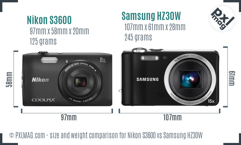 Nikon S3600 vs Samsung HZ30W size comparison