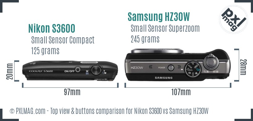 Nikon S3600 vs Samsung HZ30W top view buttons comparison