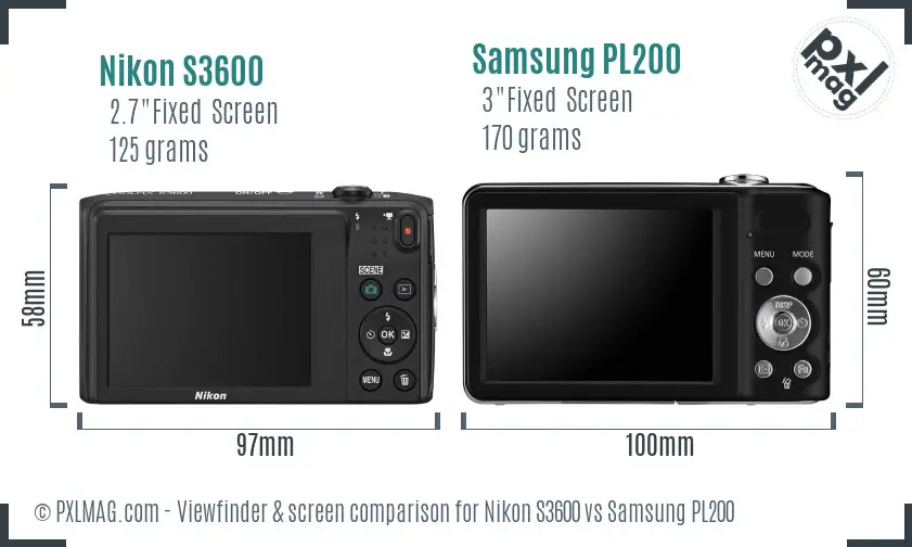 Nikon S3600 vs Samsung PL200 Screen and Viewfinder comparison