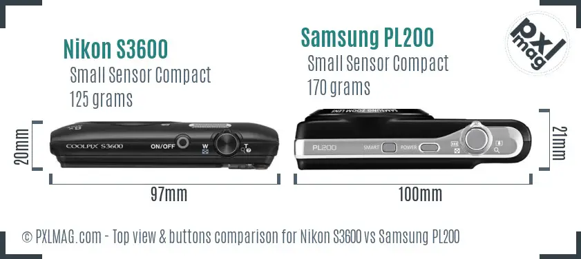 Nikon S3600 vs Samsung PL200 top view buttons comparison