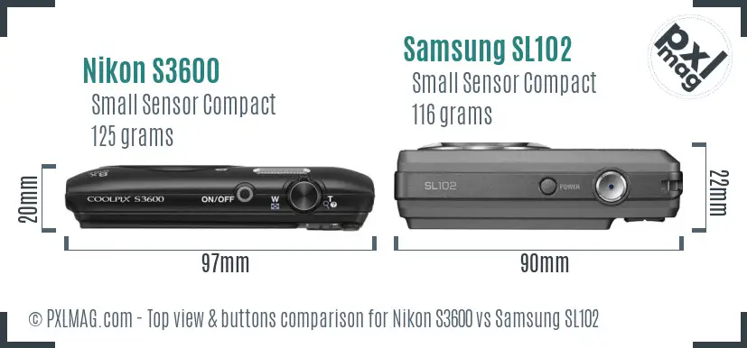 Nikon S3600 vs Samsung SL102 top view buttons comparison