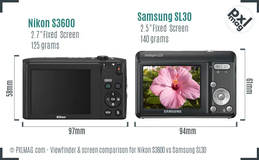 Nikon S3600 vs Samsung SL30 Screen and Viewfinder comparison