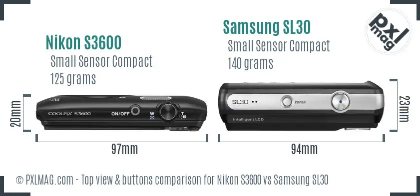 Nikon S3600 vs Samsung SL30 top view buttons comparison