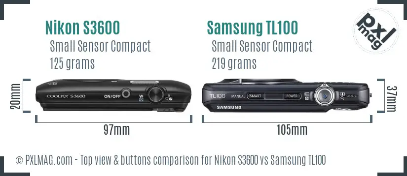 Nikon S3600 vs Samsung TL100 top view buttons comparison
