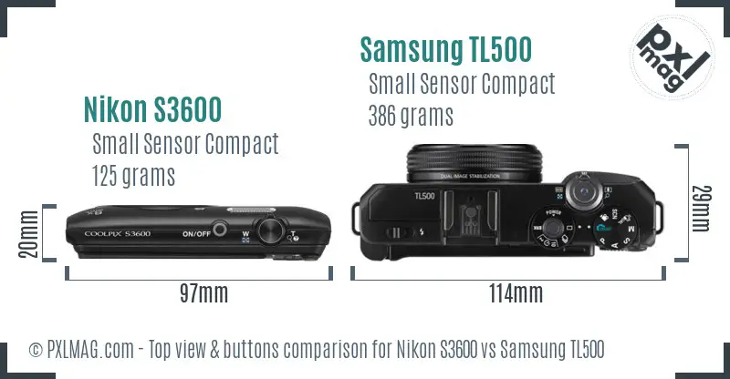 Nikon S3600 vs Samsung TL500 top view buttons comparison Nikon S3600 vs Samsung TL500 top view buttons comparison