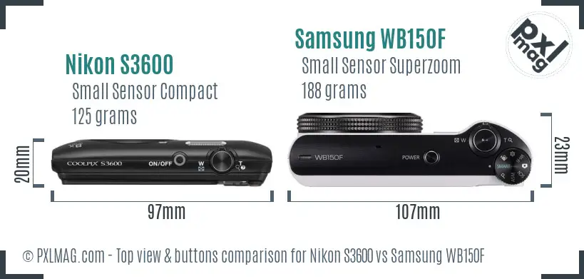 Nikon S3600 vs Samsung WB150F top view buttons comparison Nikon S3600 vs Samsung WB150F top view buttons comparison