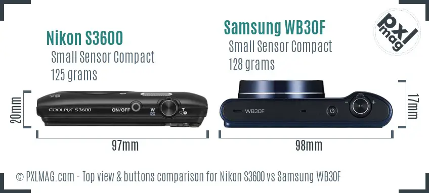 Nikon S3600 vs Samsung WB30F top view buttons comparison Nikon S3600 vs Samsung WB30F top view buttons comparison