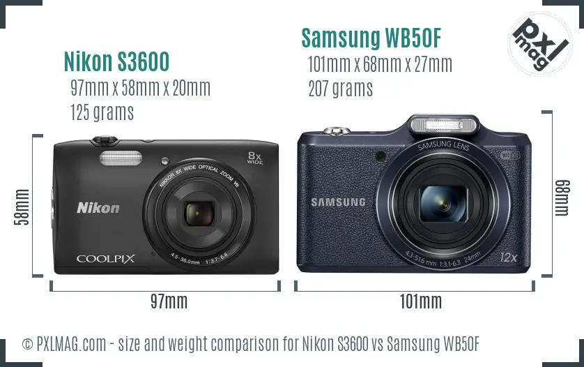 Nikon S3600 vs Samsung WB50F size comparison