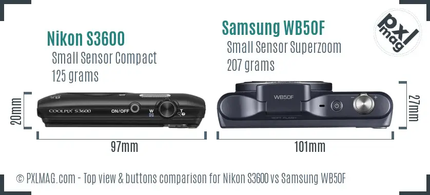 Nikon S3600 vs Samsung WB50F top view buttons comparison