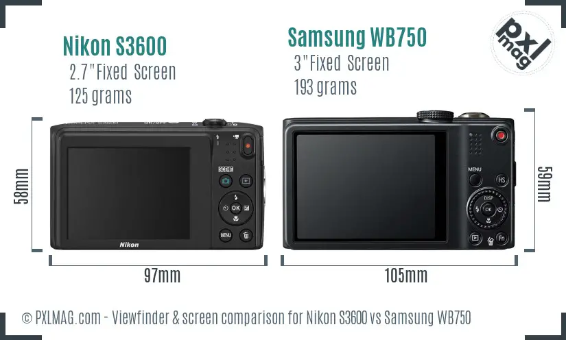 Nikon S3600 vs Samsung WB750 Screen and Viewfinder comparison