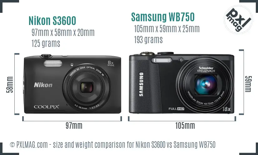 Nikon S3600 vs Samsung WB750 size comparison