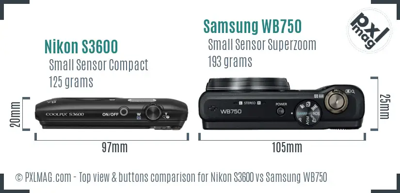 Nikon S3600 vs Samsung WB750 top view buttons comparison