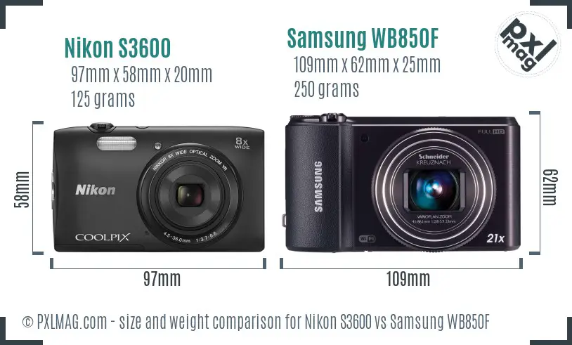 Nikon S3600 vs Samsung WB850F size comparison