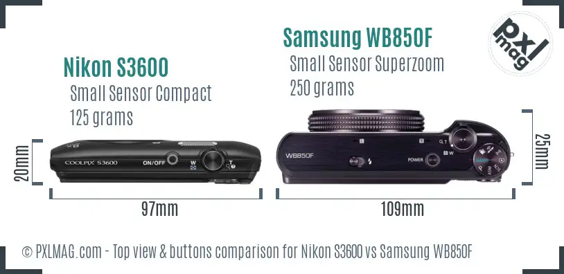 Nikon S3600 vs Samsung WB850F top view buttons comparison