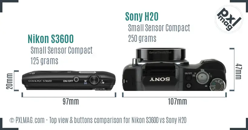 Nikon S3600 vs Sony H20 top view buttons comparison Nikon S3600 vs Sony H20 top view buttons comparison