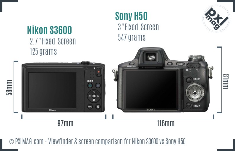 Nikon S3600 vs Sony H50 Screen and Viewfinder comparison