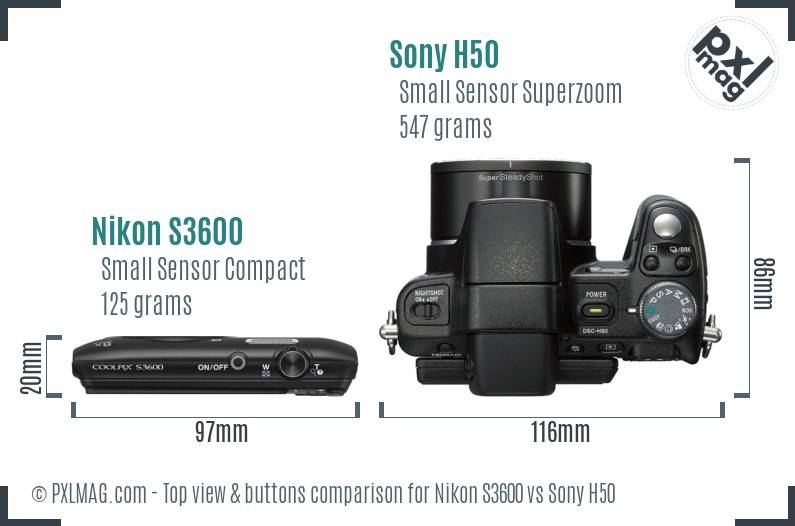 Nikon S3600 vs Sony H50 top view buttons comparison