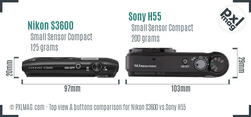 Nikon S3600 vs Sony H55 top view buttons comparison Nikon S3600 vs Sony H55 top view buttons comparison