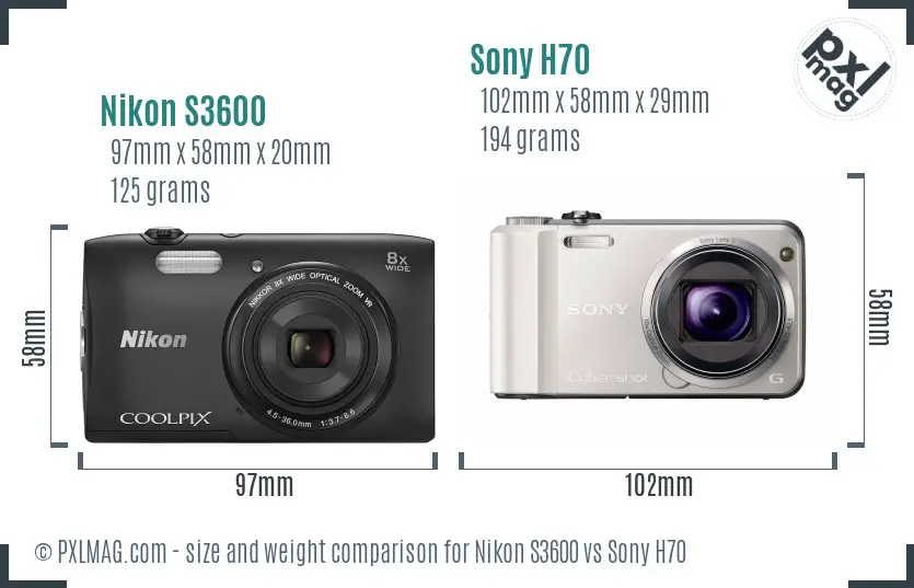 Nikon S3600 vs Sony H70 size comparison