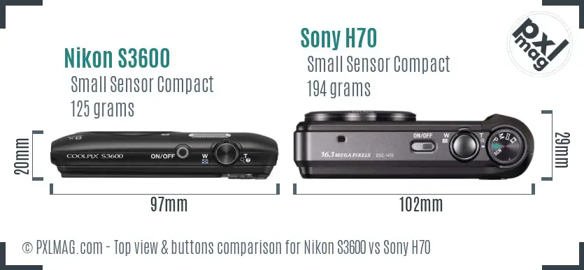 Nikon S3600 vs Sony H70 top view buttons comparison
