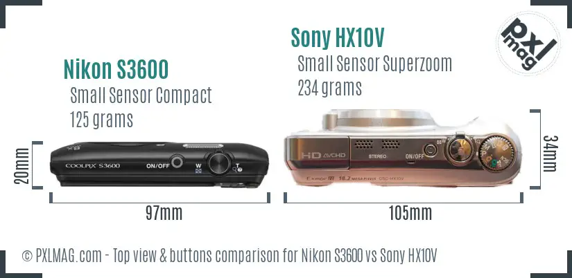 Nikon S3600 vs Sony HX10V top view buttons comparison Nikon S3600 vs Sony HX10V top view buttons comparison