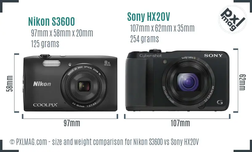 Nikon S3600 vs Sony HX20V size comparison