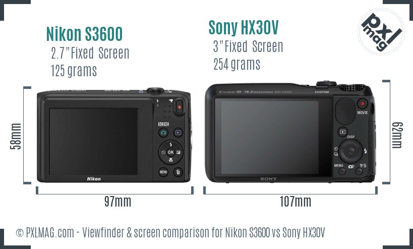 Nikon S3600 vs Sony HX30V Screen and Viewfinder comparison