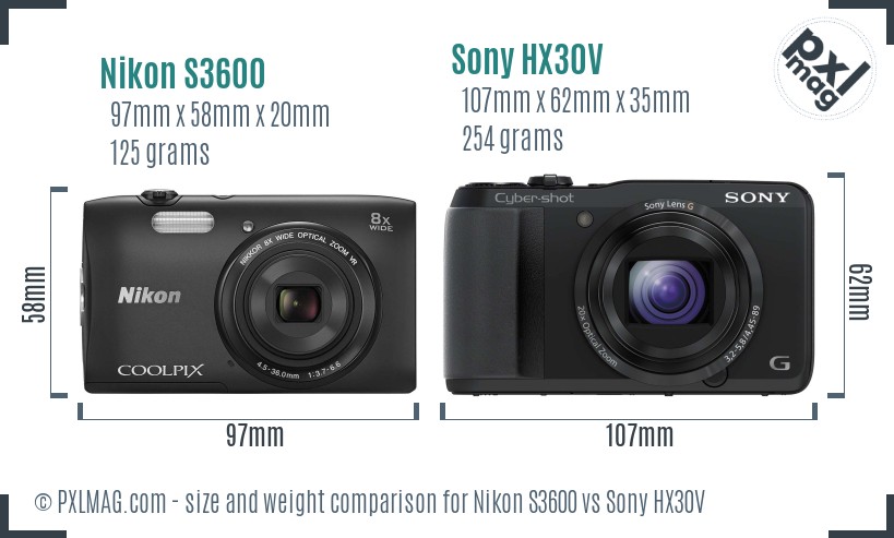 Nikon S3600 vs Sony HX30V size comparison Nikon S3600 vs Sony HX30V size comparison