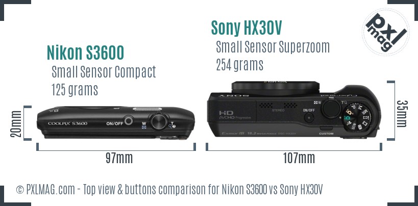Nikon S3600 vs Sony HX30V top view buttons comparison