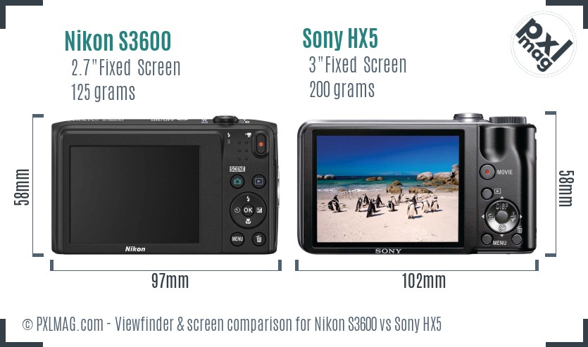 Nikon S3600 vs Sony HX5 Screen and Viewfinder comparison