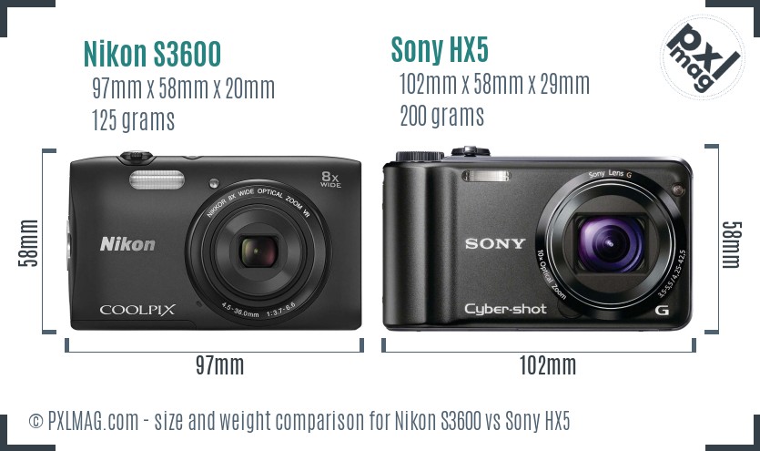 Nikon S3600 vs Sony HX5 size comparison