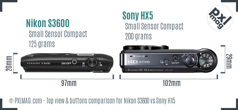 Nikon S3600 vs Sony HX5 top view buttons comparison