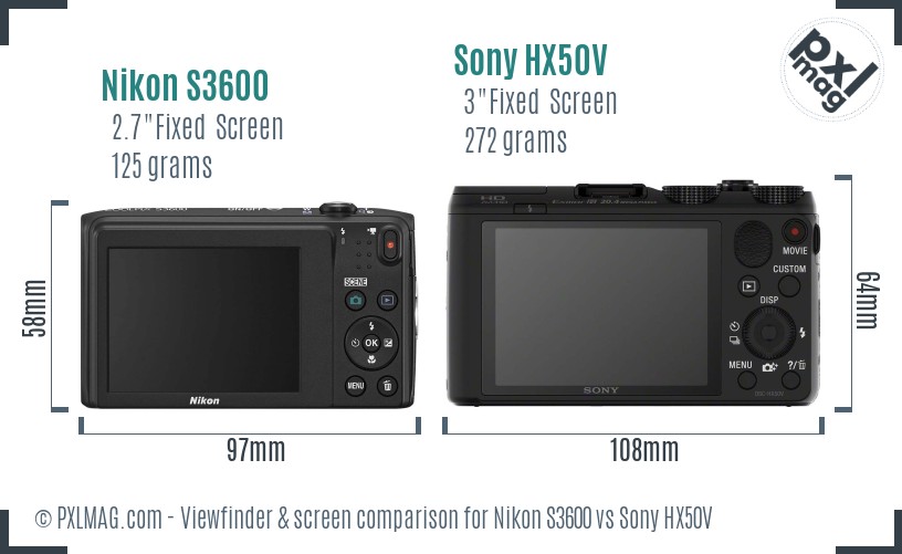 Nikon S3600 vs Sony HX50V Screen and Viewfinder comparison