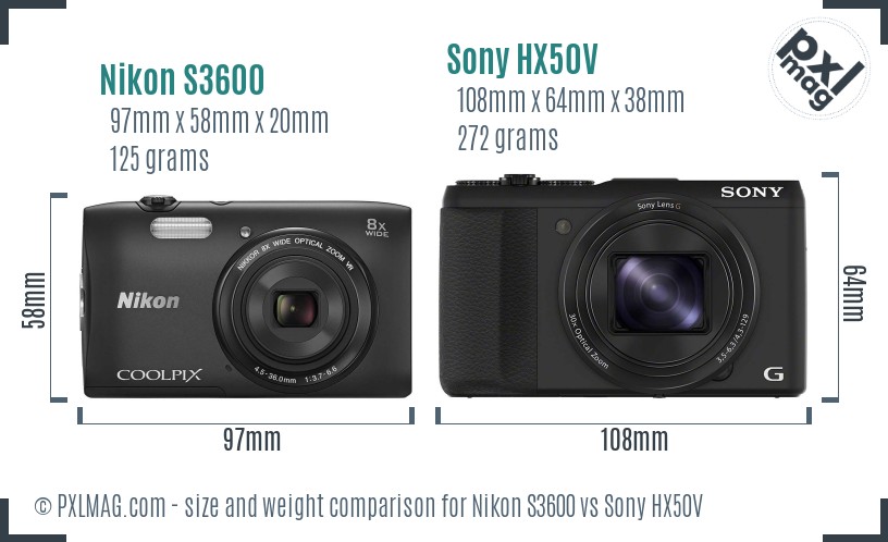 Nikon S3600 vs Sony HX50V size comparison