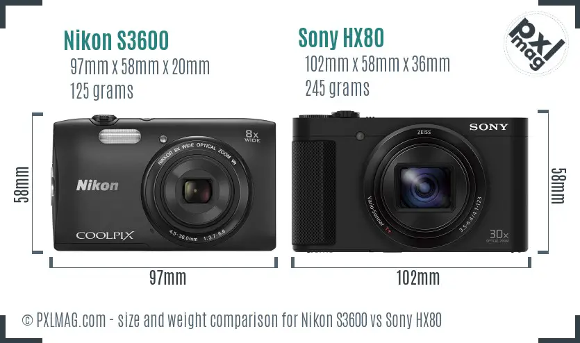 Nikon S3600 vs Sony HX80 size comparison