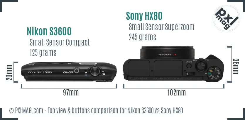 Nikon S3600 vs Sony HX80 top view buttons comparison