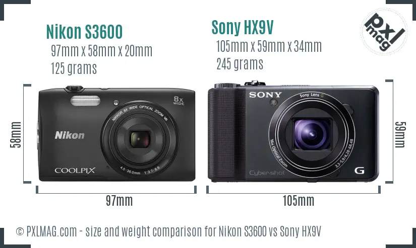 Nikon S3600 vs Sony HX9V size comparison Nikon S3600 vs Sony HX9V size comparison