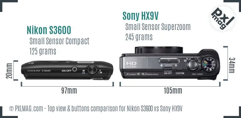 Nikon S3600 vs Sony HX9V top view buttons comparison Nikon S3600 vs Sony HX9V top view buttons comparison